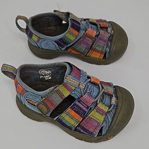 Keen Girls Outdoor Watershoes Blue/Coliful Stripes Hook&Loop Adjustable Sz 5 - Picture 2 of 5